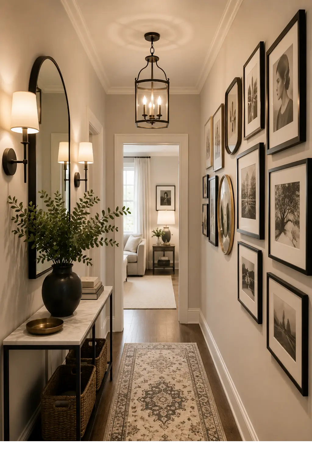 Hallway gallery wall with framed artwork and photos