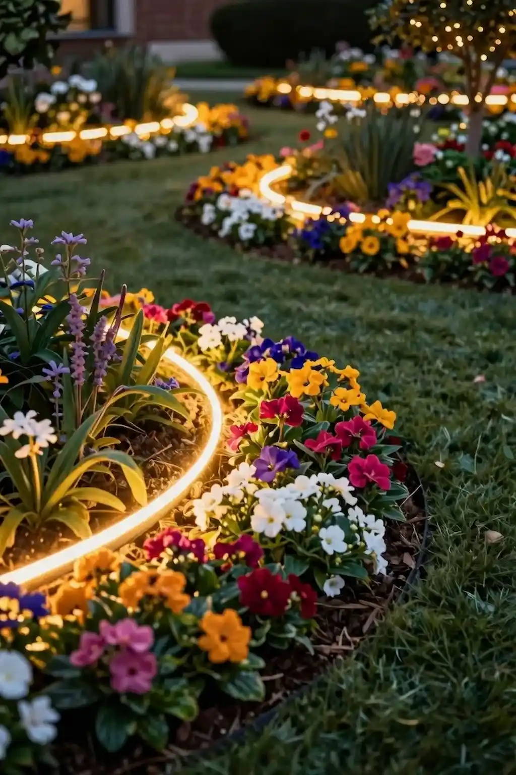 Flower bed borders highlighted with subtle landscape lighting