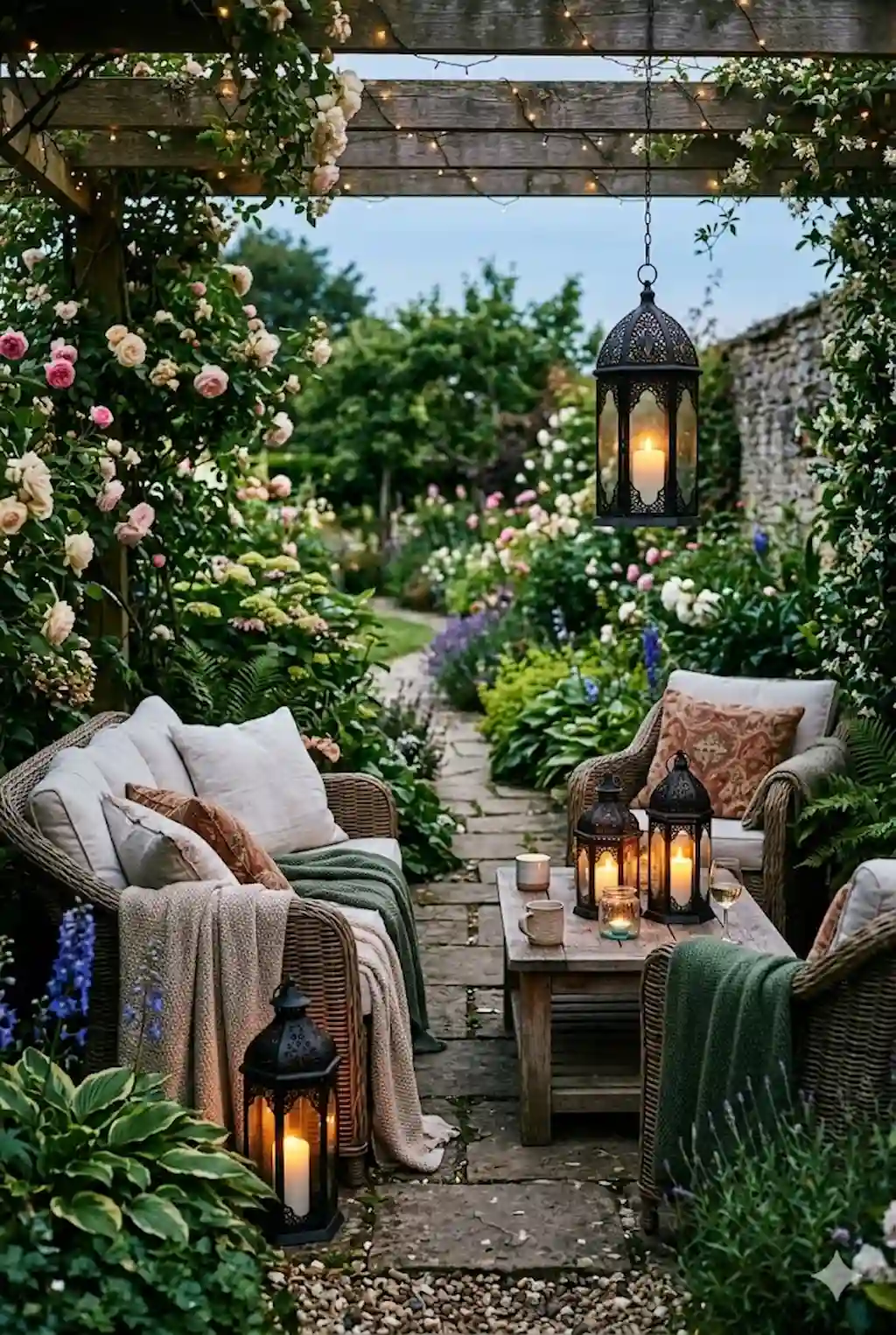 Outdoor seating area decorated with stylish lanterns creating cozy ambient lighting