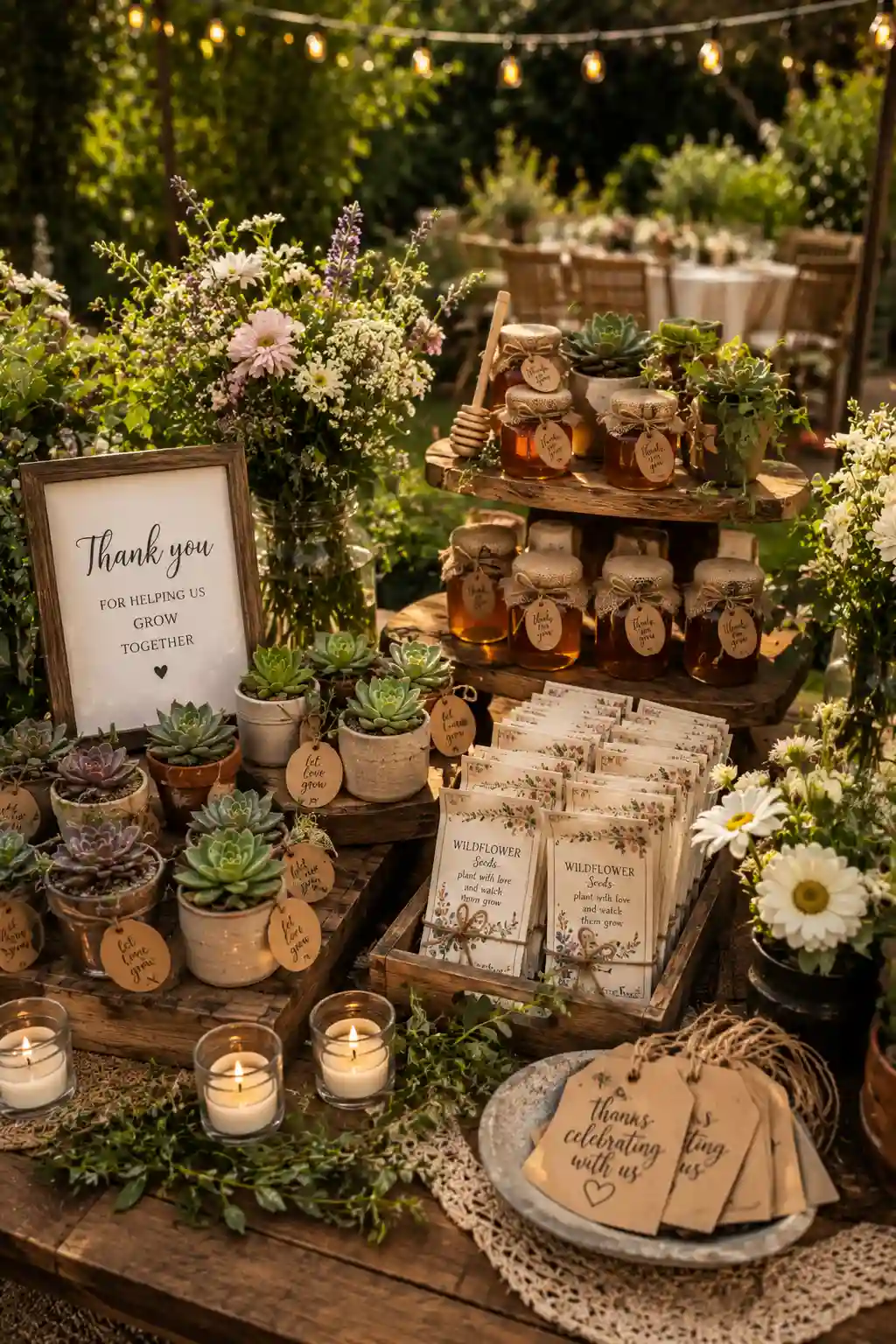 Beautiful garden party favors with mini succulents and candles