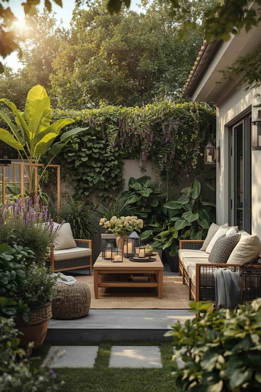 Lush garden patio with greenery and cozy outdoor seating