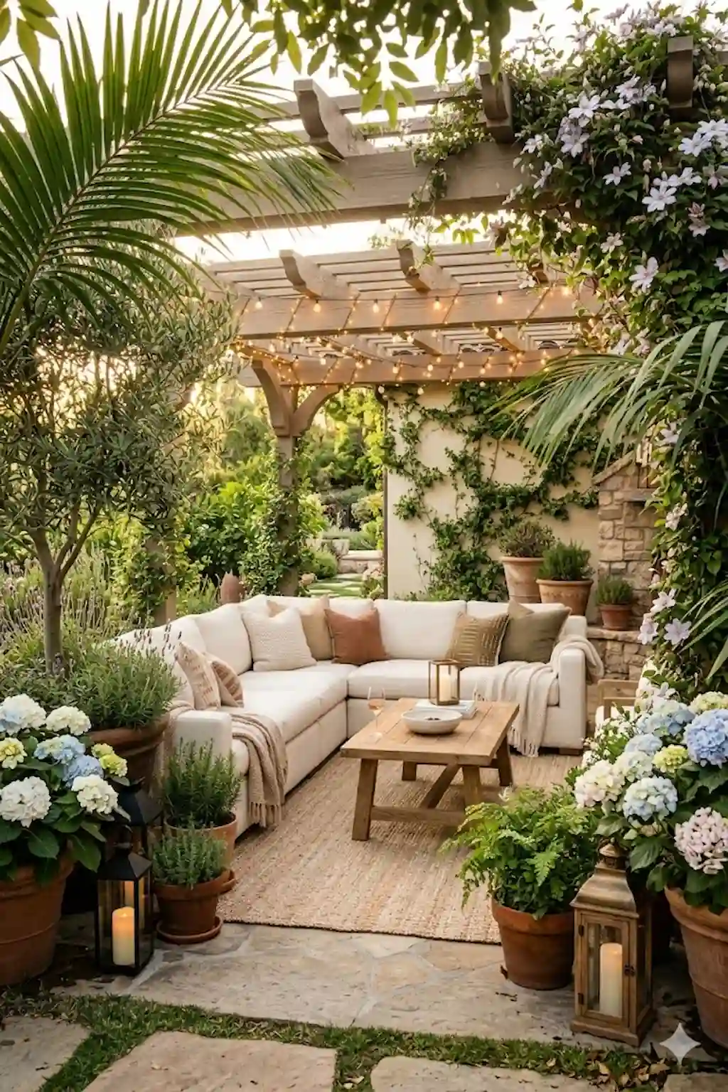 Lush garden patio with greenery and cozy outdoor seating