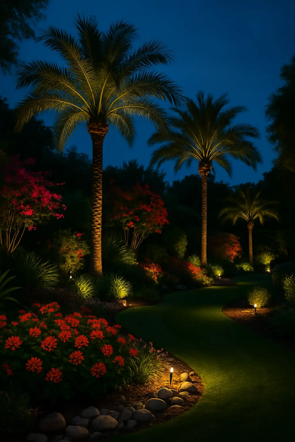 Landscape spotlights highlighting decorative plants and garden features at night
