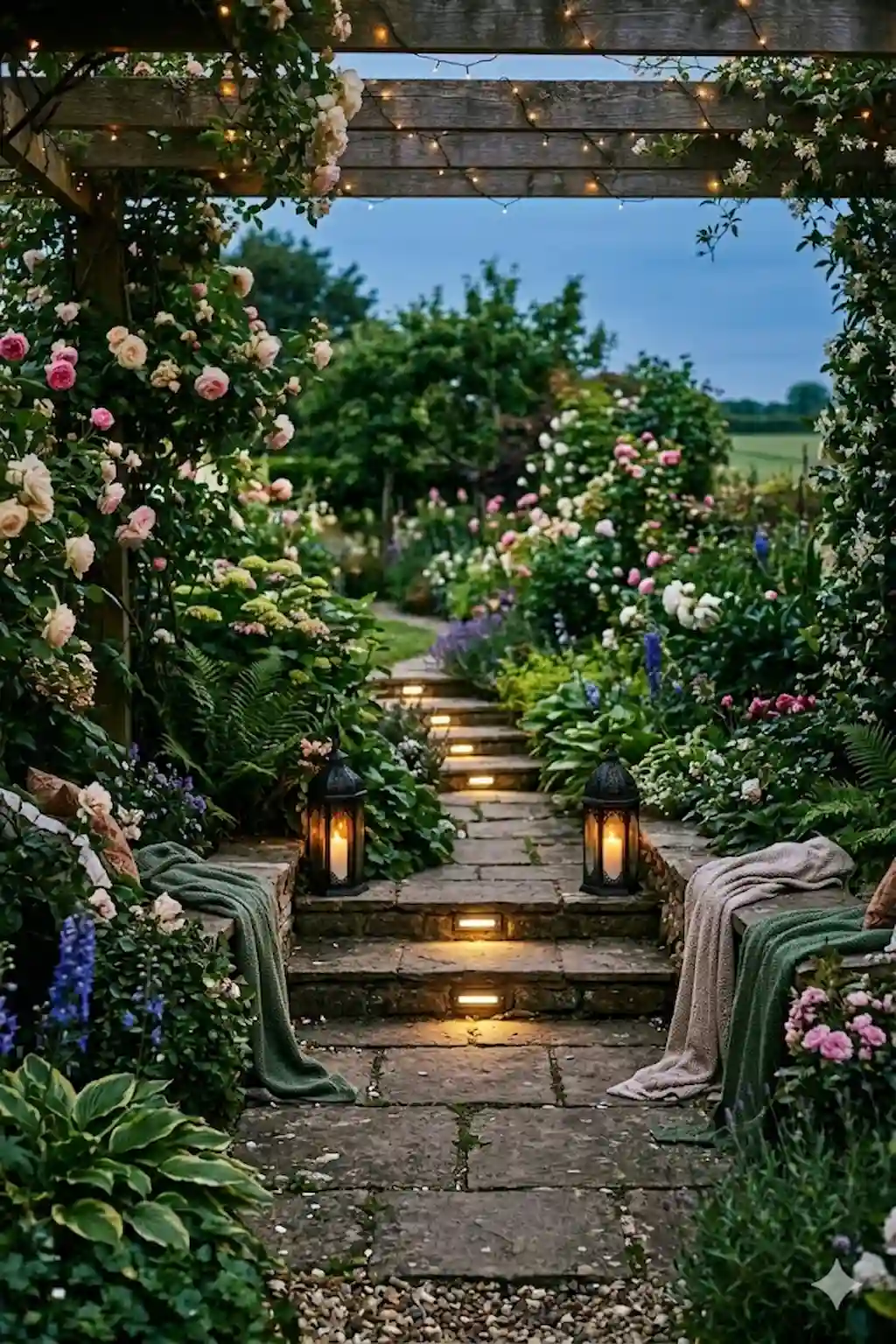 Outdoor garden steps illuminated with built-in lights for safety and style
