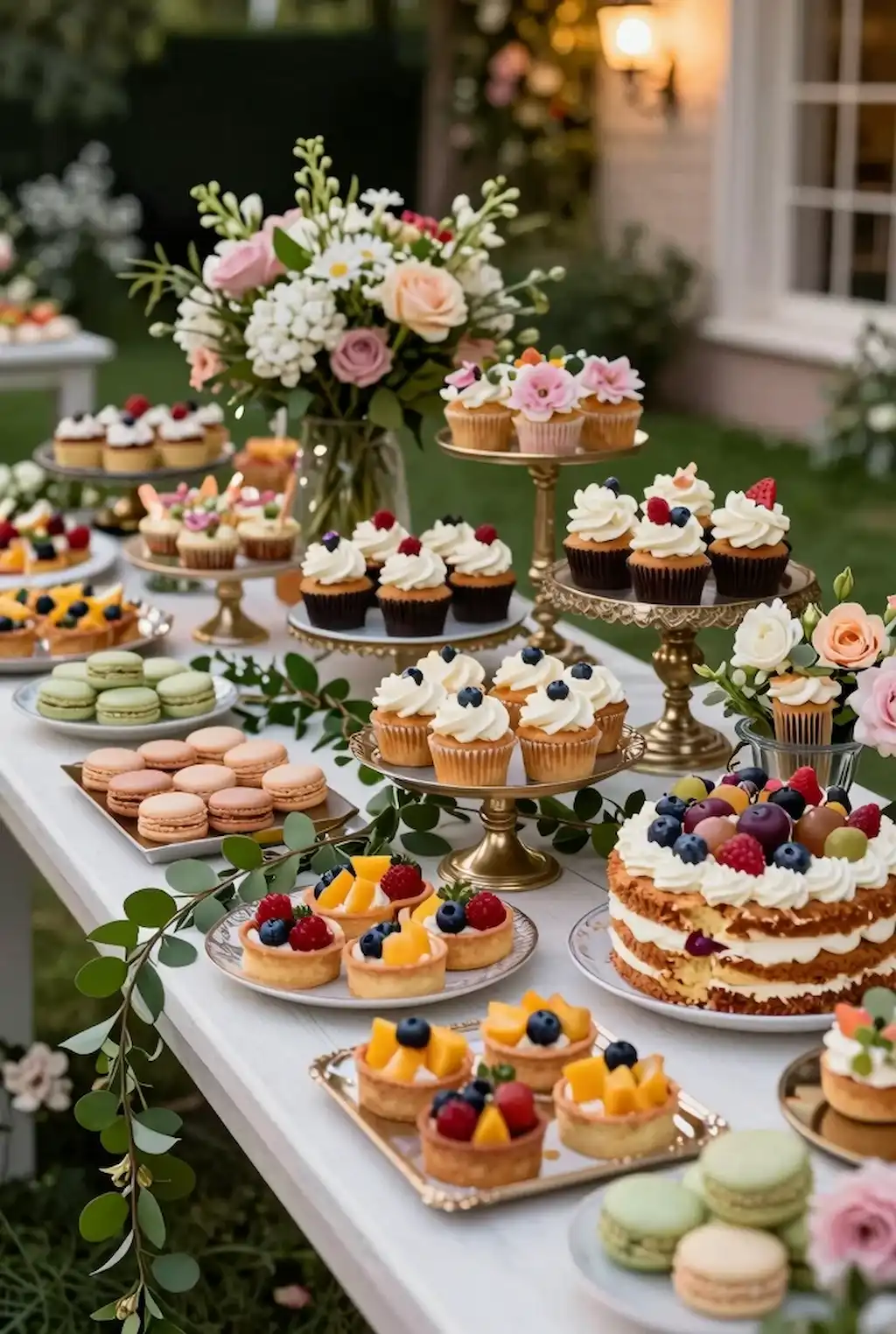 Elegant outdoor dessert table with floral cakes and pastries