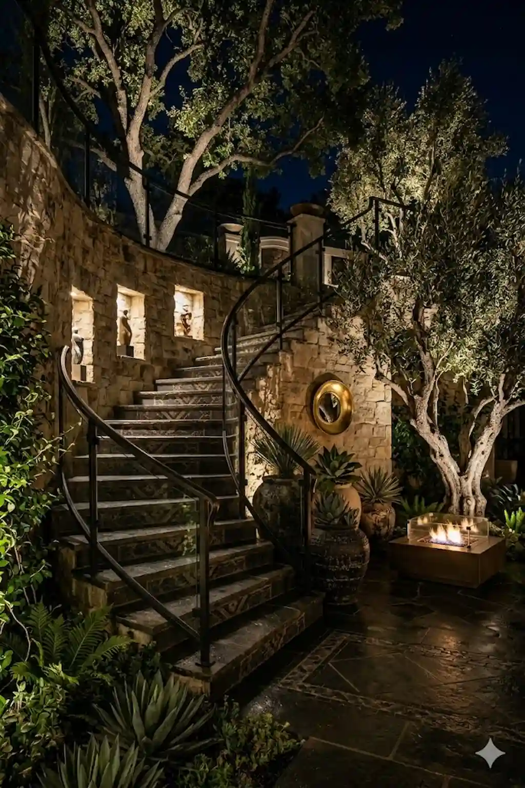 Tall trees illuminated from below with dramatic landscape uplighting
