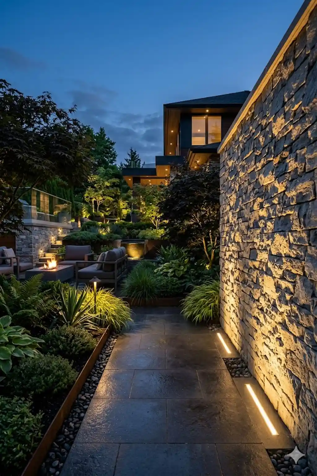 Outdoor stone wall softly illuminated with elegant wash lighting