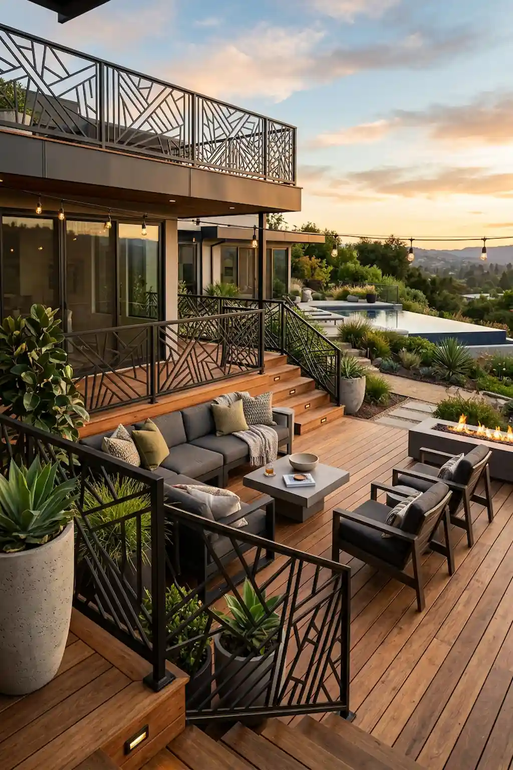 Modern geometric railing design on stylish outdoor deck