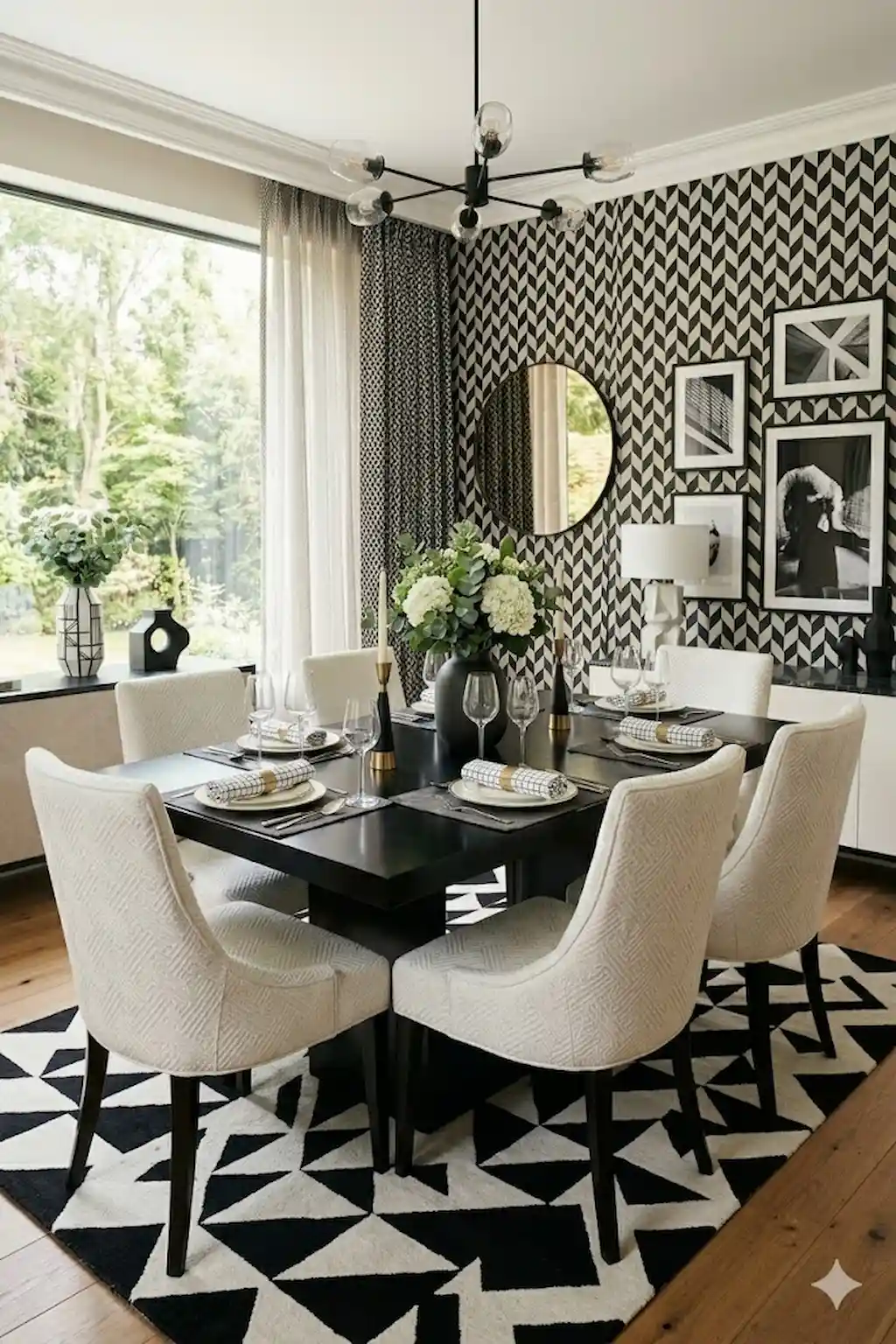 Dining room with black and white geometric patterns