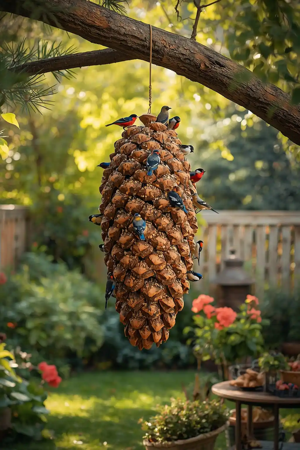 Large pine cone feeder attracting multiple birds in garden