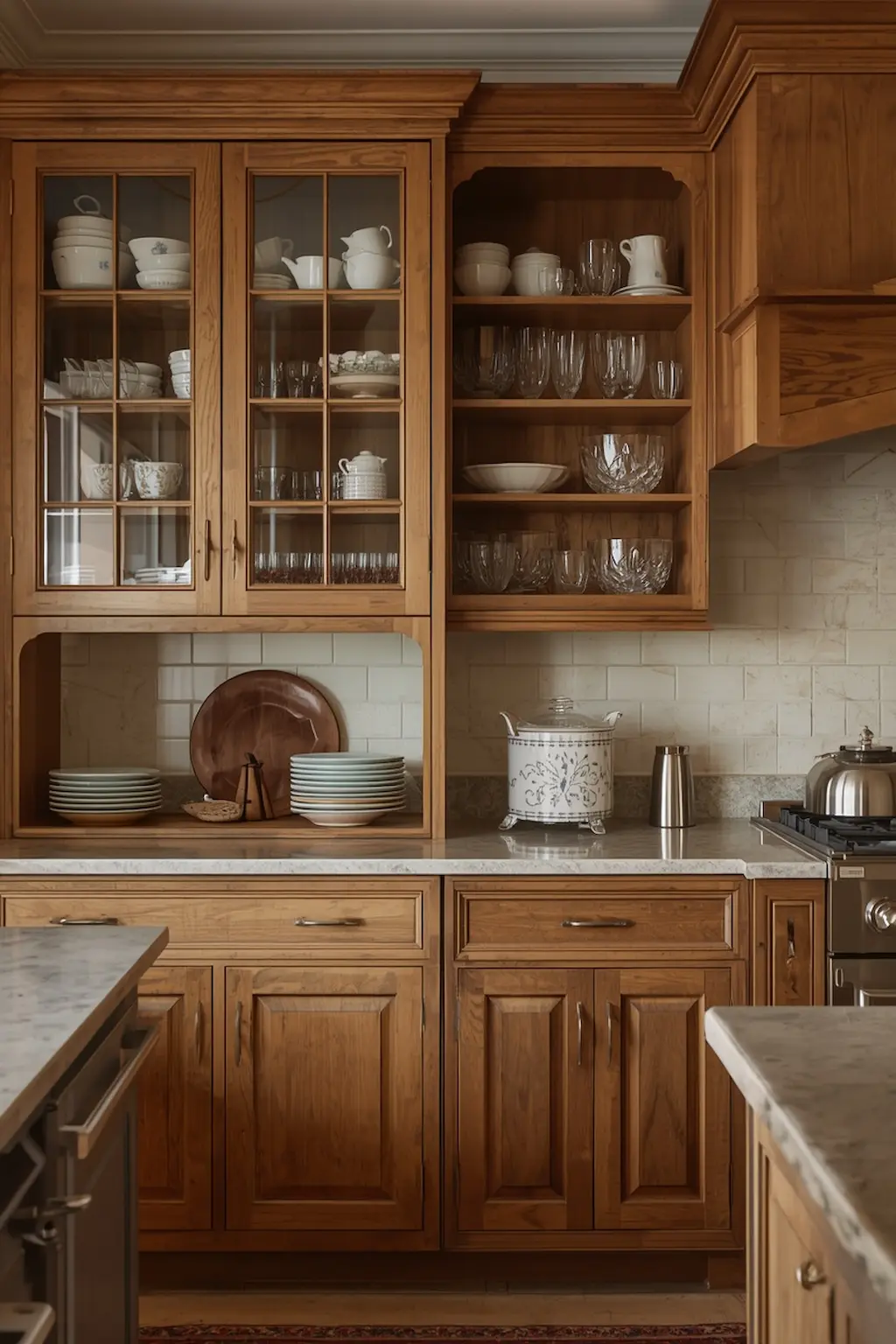 Rustic kitchen with glass-front display cabinets