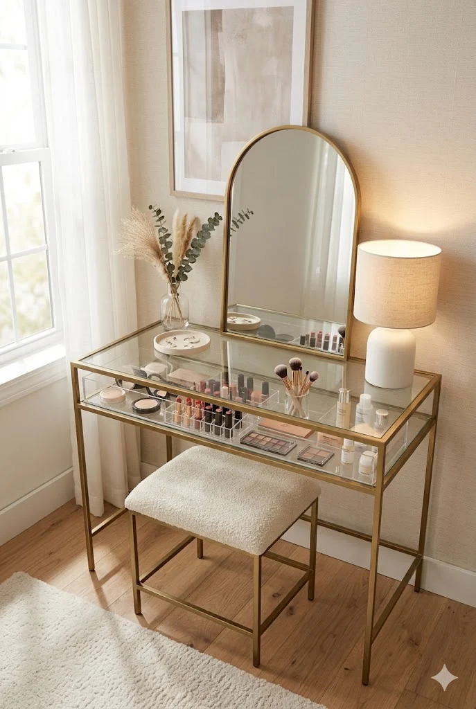 Bedroom vanity with glass top and organized storage