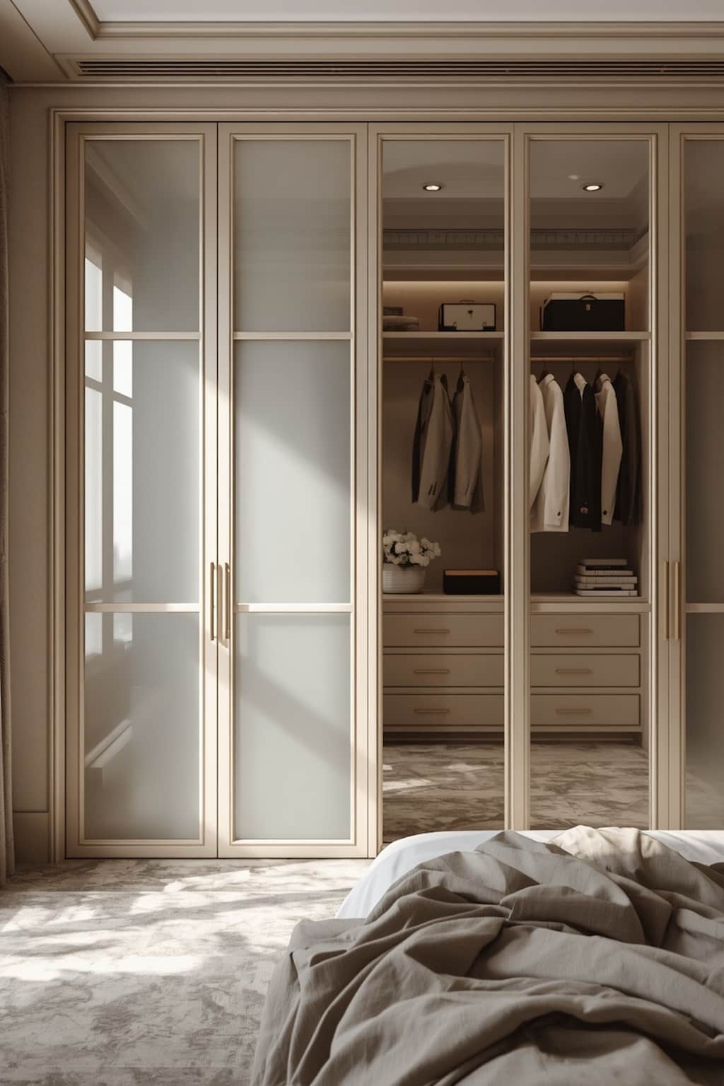 Modern wardrobe with frosted glass panel doors