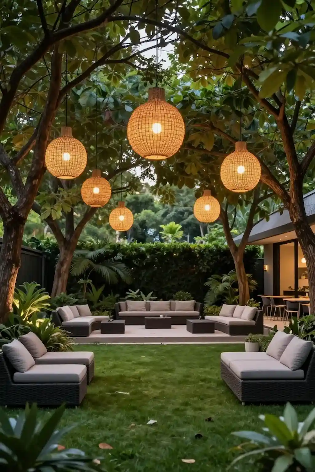 Garden decorated with glowing globe lights creating a dreamy outdoor atmosphere