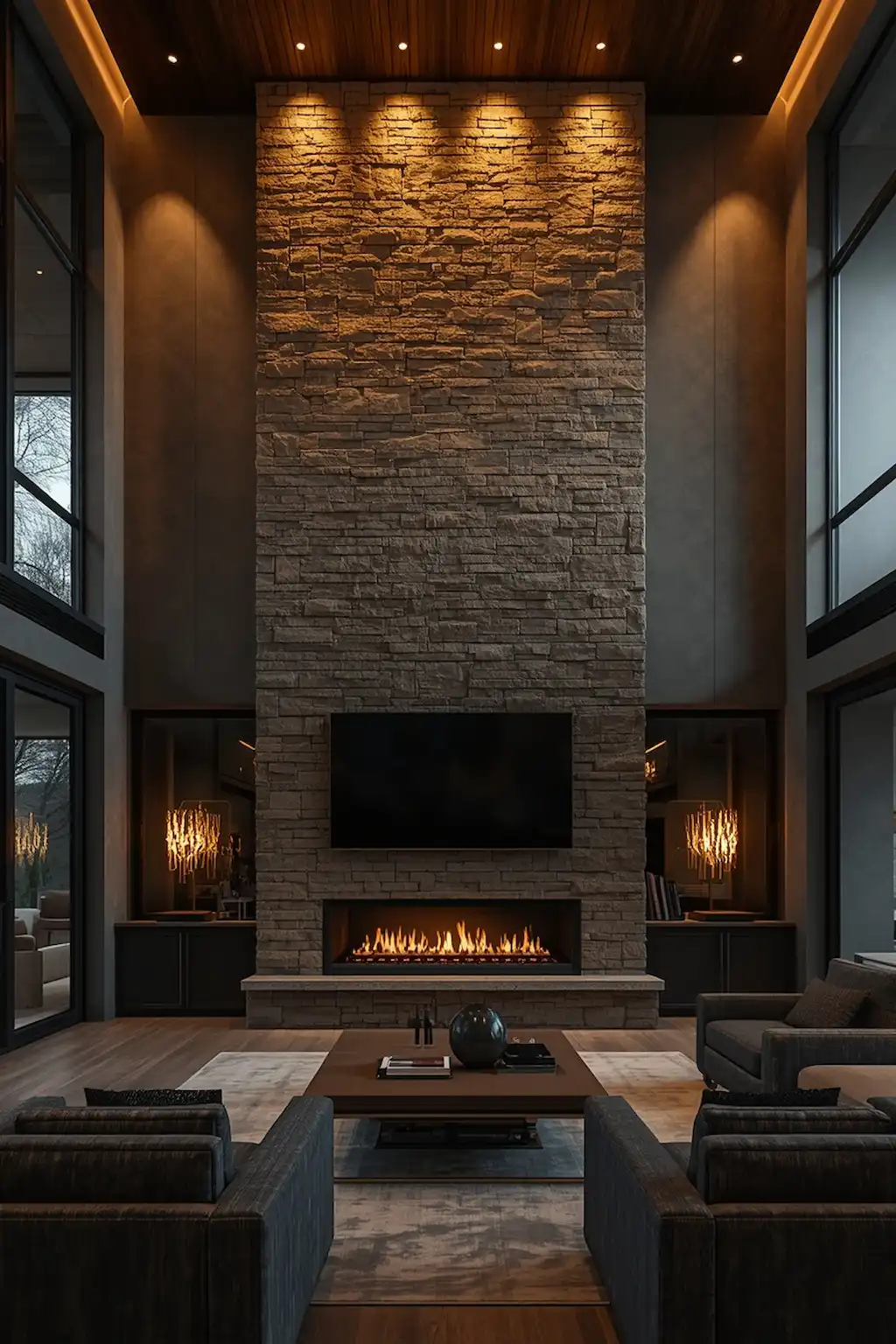 Large stone fireplace wall with mounted TV in a grand luxury living room