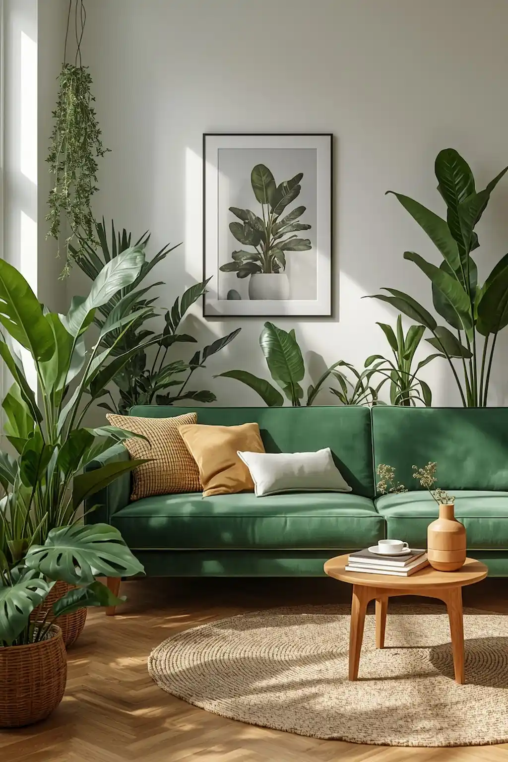 Green couch living room decorated with indoor plants and fresh greenery