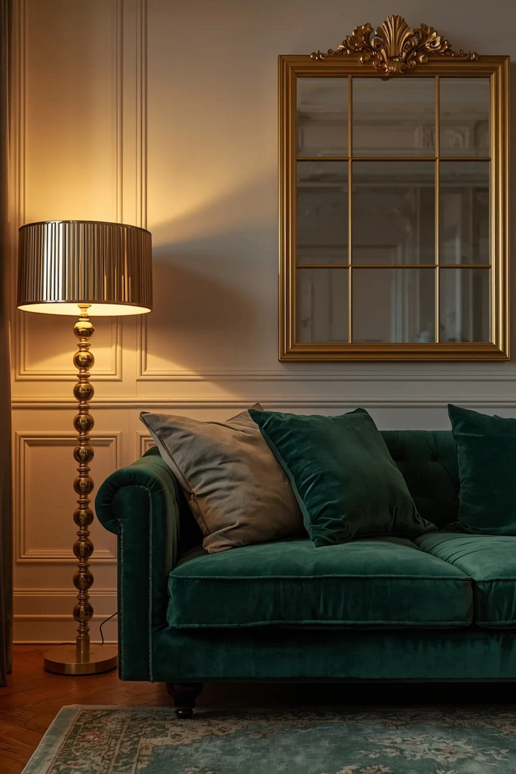 Green couch styled with gold and brass decor in a luxurious living room