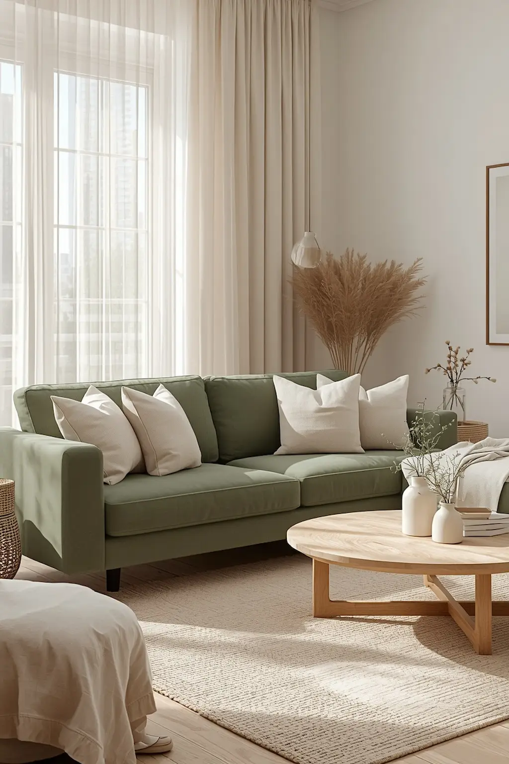 Green couch living room with warm neutral tones, cream pillows, and cozy textures