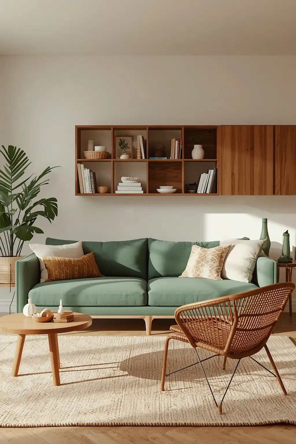 Green couch living room featuring warm wood furniture and natural textures