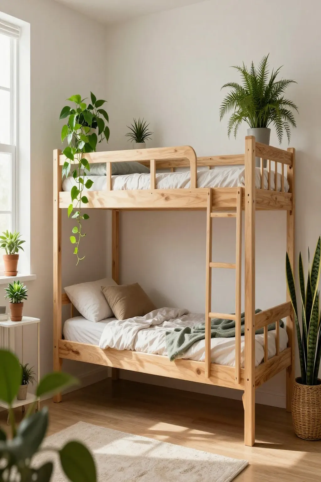 College dorm room decorated with indoor plants and cozy neutral decor