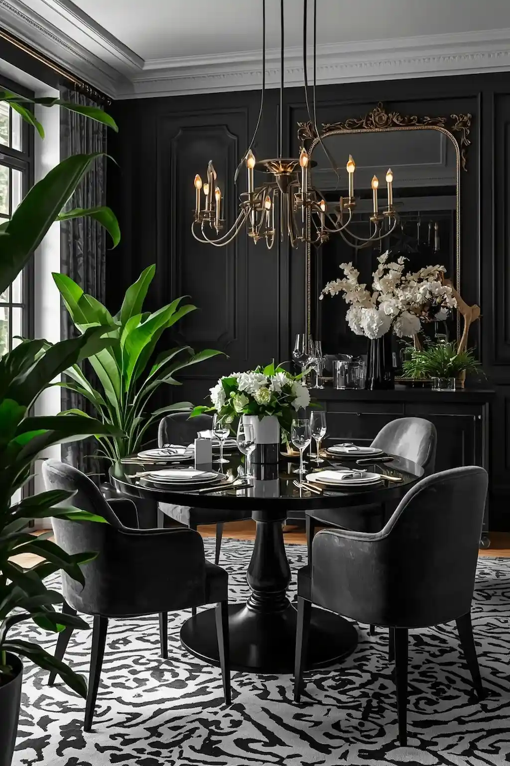 Black and white dining room with fresh greenery and plants