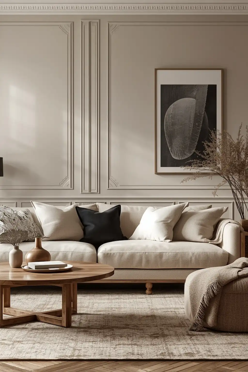 Modern greige living room with layered neutral textures and cozy styling