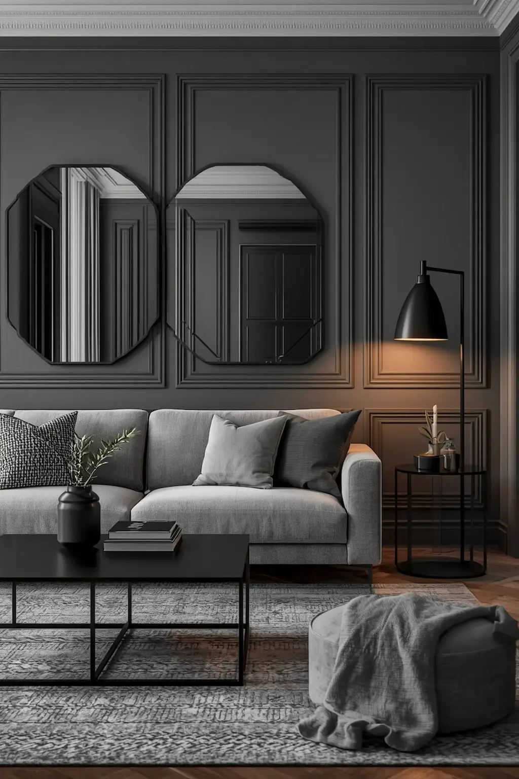 Modern grey living room with black accents and minimalist decor