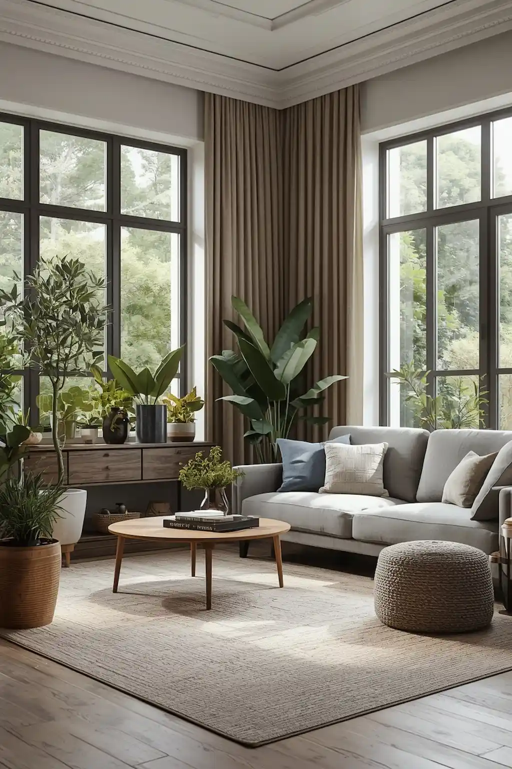 Elegant grey living room decorated with indoor plants and modern decor
