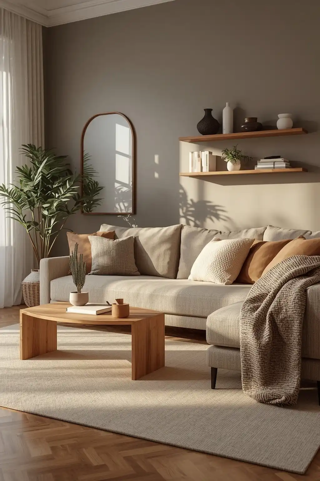 Grey living room featuring warm wooden furniture and cozy styling
