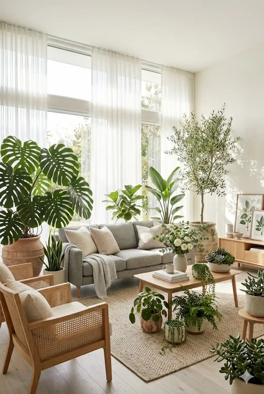 Grey sofa living room decorated with indoor plants and fresh greenery