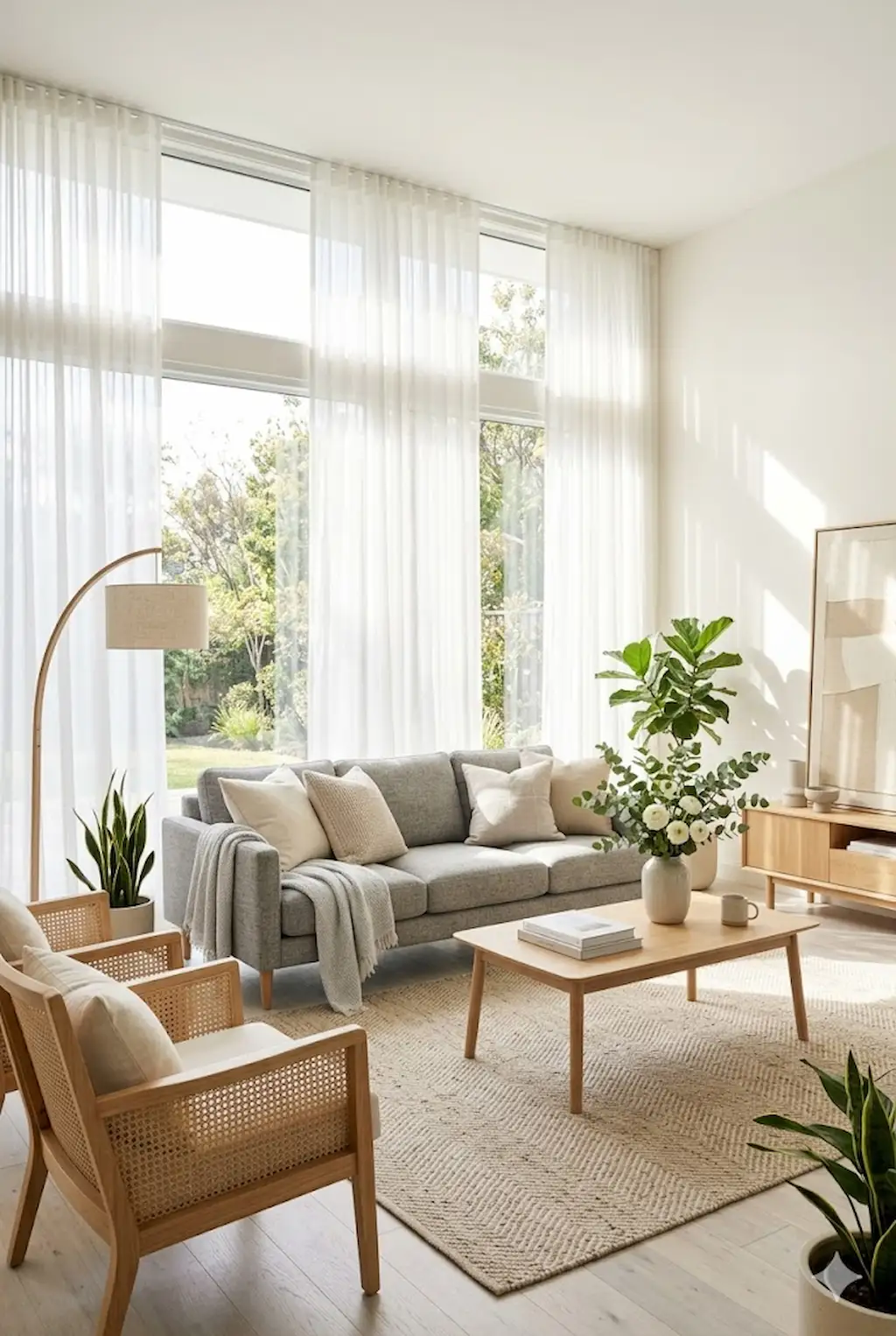 Grey sofa living room decorated with indoor plants and fresh greenery