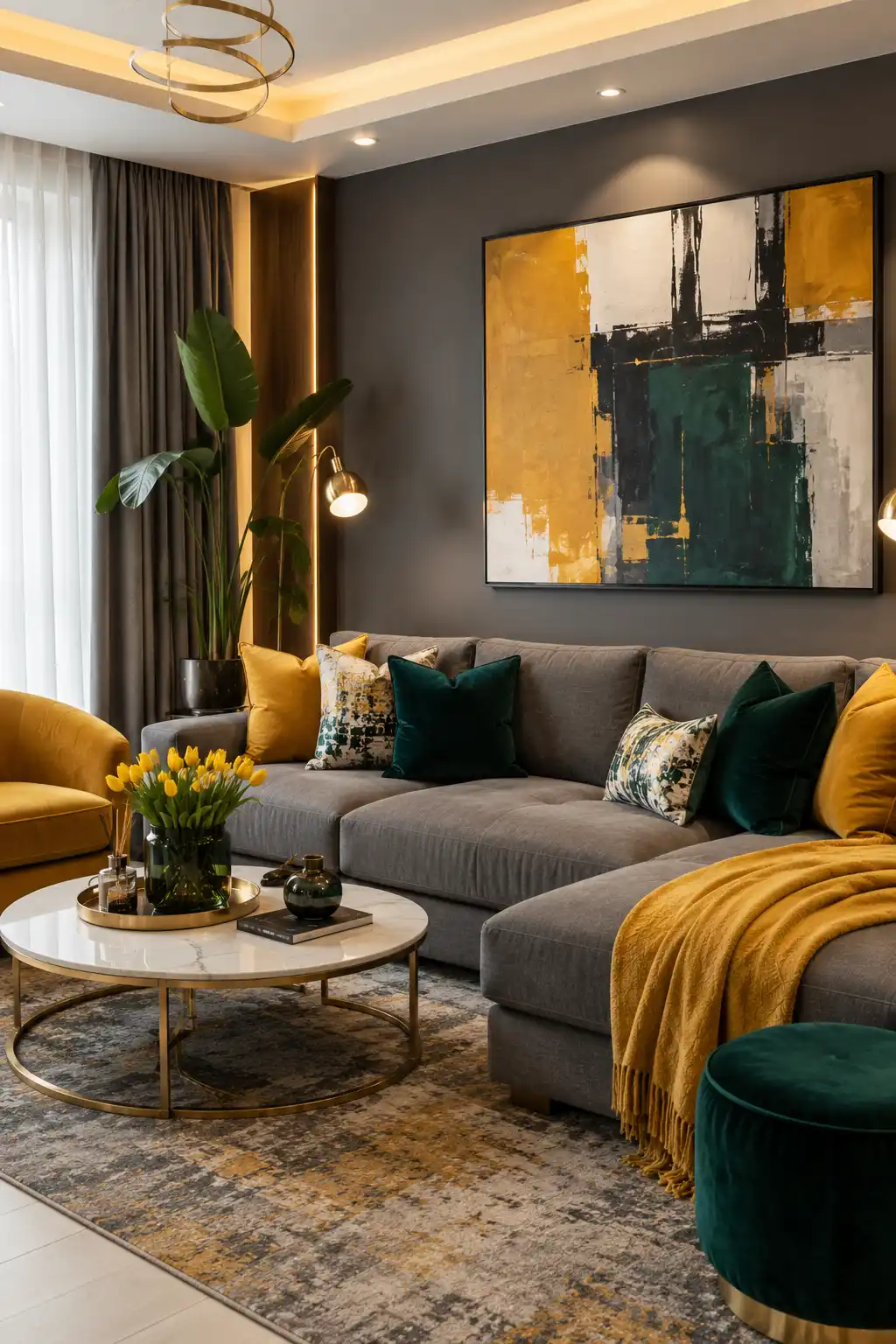 Modern grey sofa styled with mustard yellow and emerald green accent decor