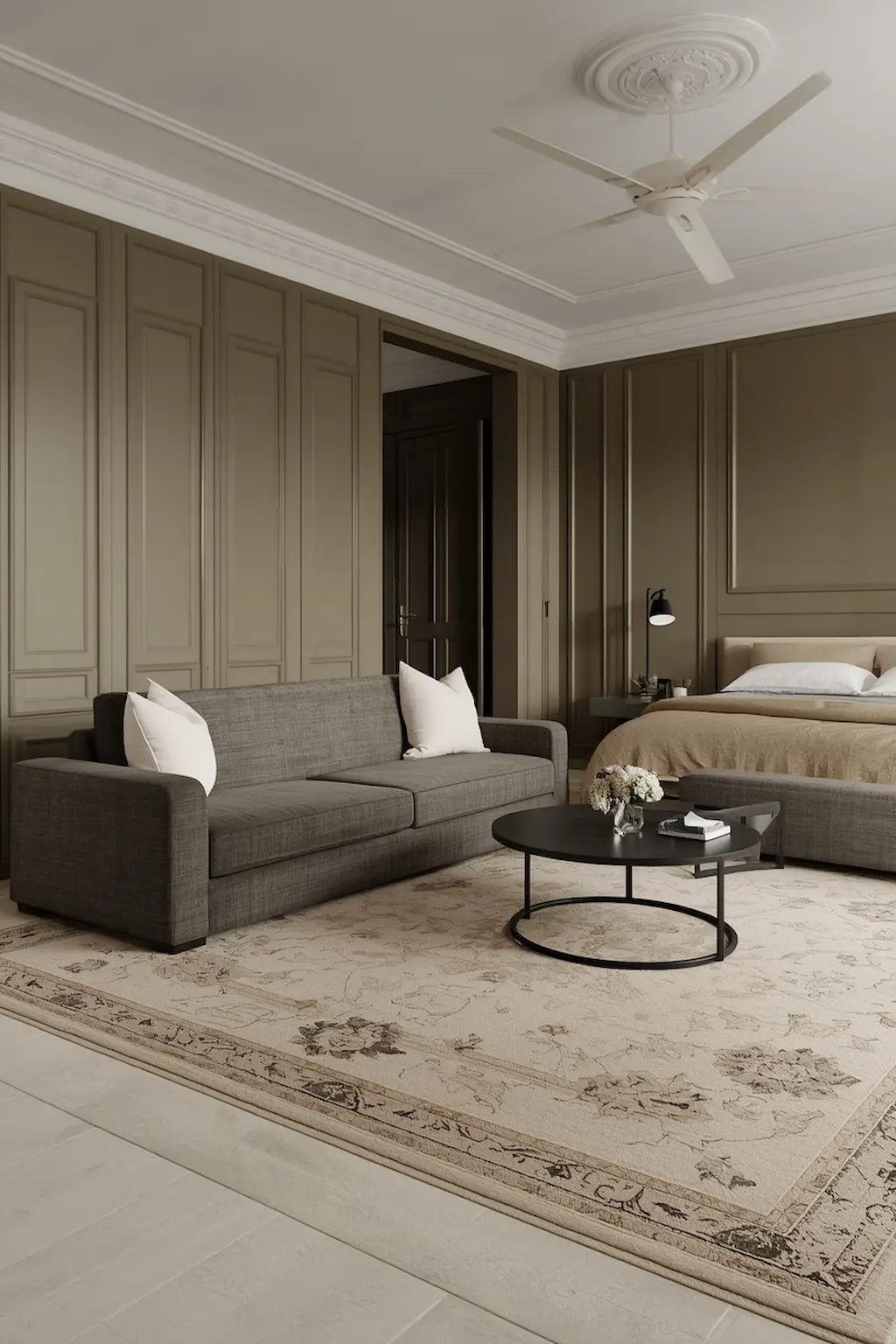 Grey sofa living room featuring a stylish vintage-inspired statement rug