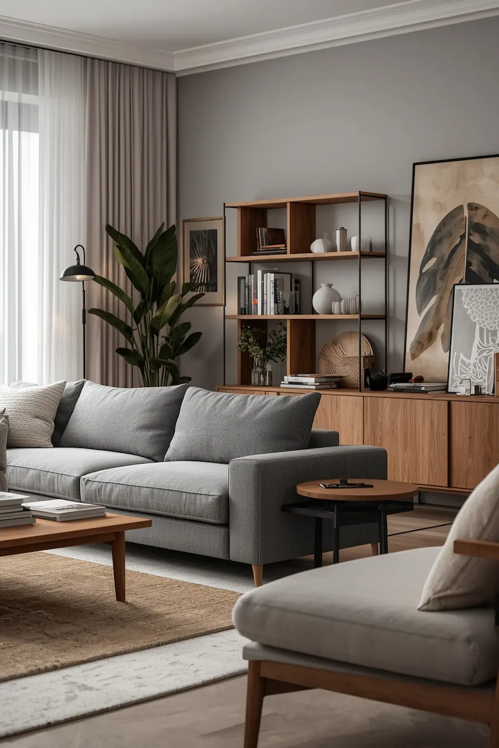 Grey sofa living room styled with warm wood furniture and natural textures