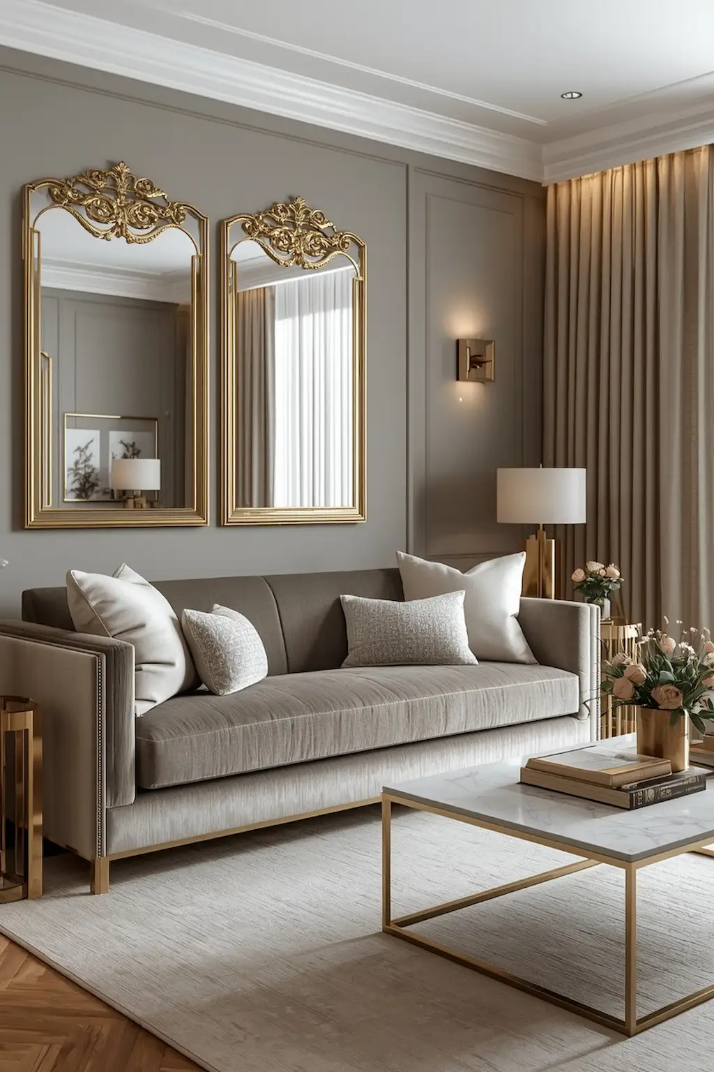 Chic grey living room with elegant gold accents and sophisticated decor