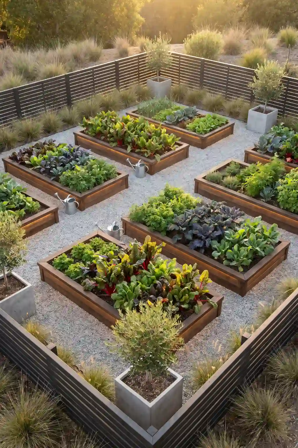 Modern vegetable garden with clean grid-style raised beds