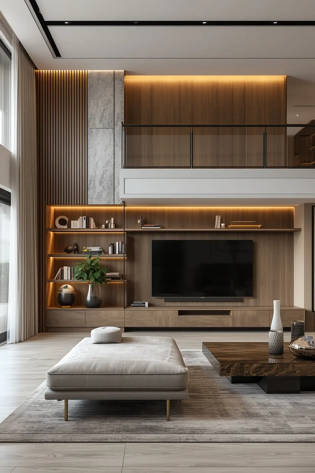 modern living room with half wall divider and built-in shelves