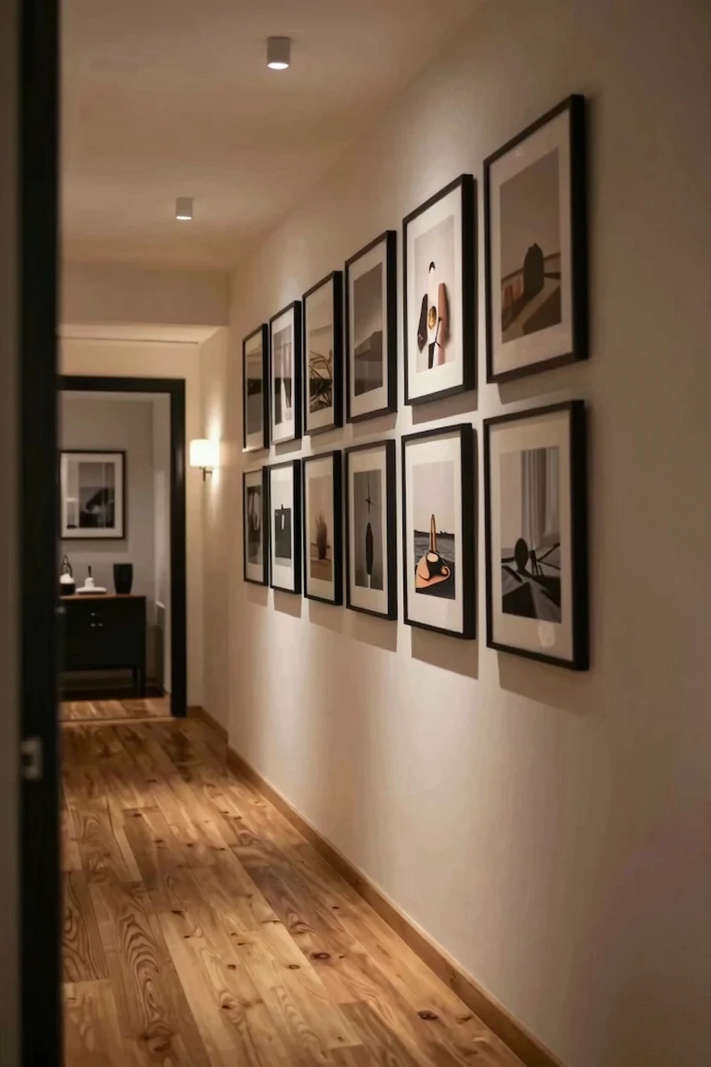 Elegant hallway gallery wall with black frames and modern decor