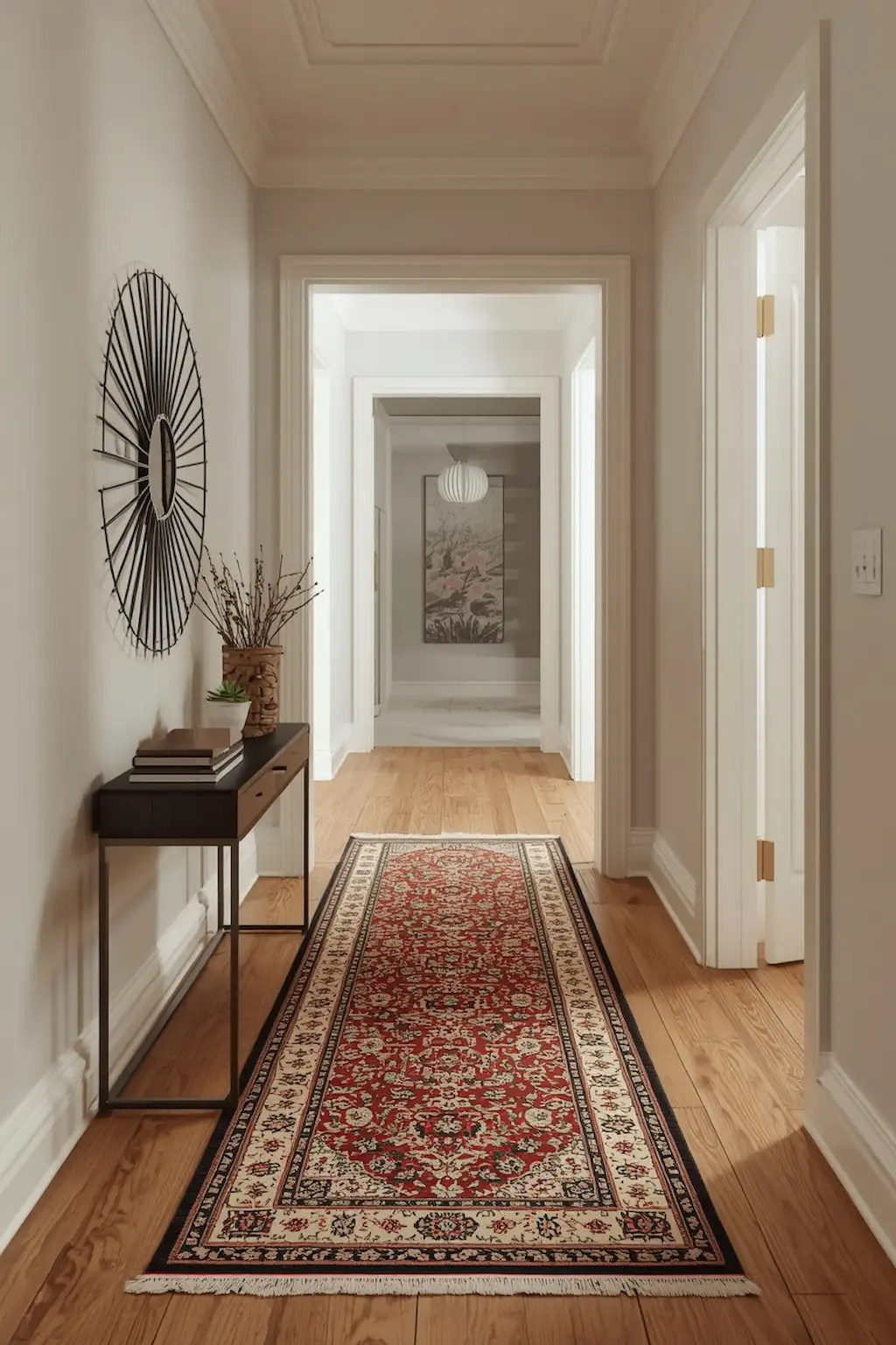 Small hallway with patterned runner rug and modern decor