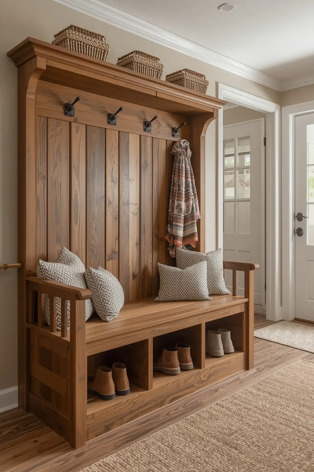 Handmade wooden entryway bench with storage and modern rustic decor