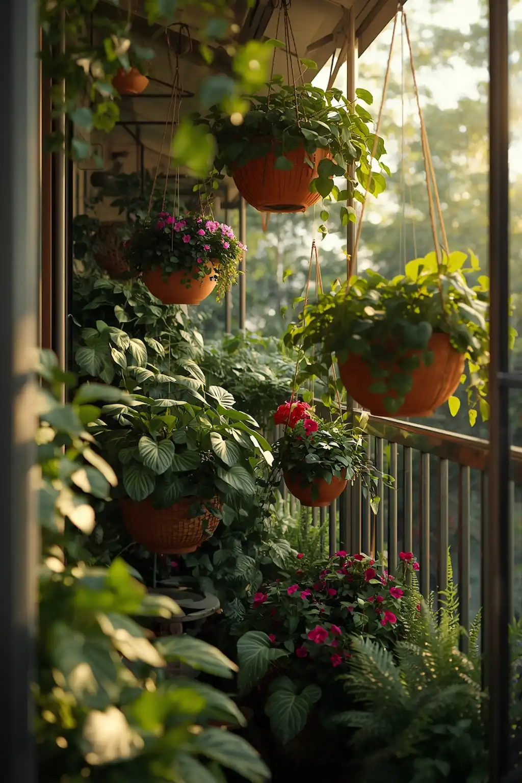 Cozy balcony garden with layered hanging baskets and greenery
