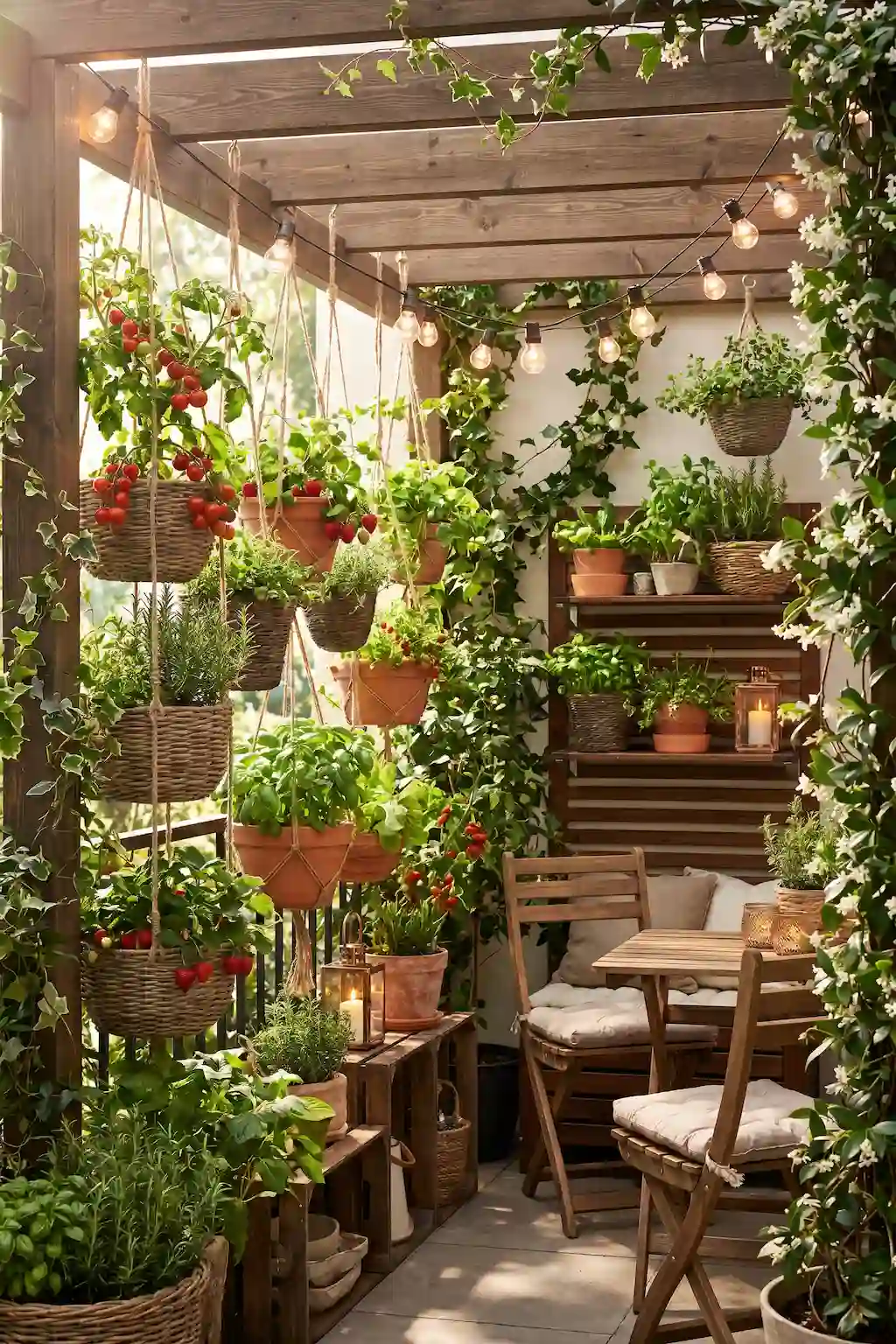 Hanging vegetable garden with tomatoes and herbs
