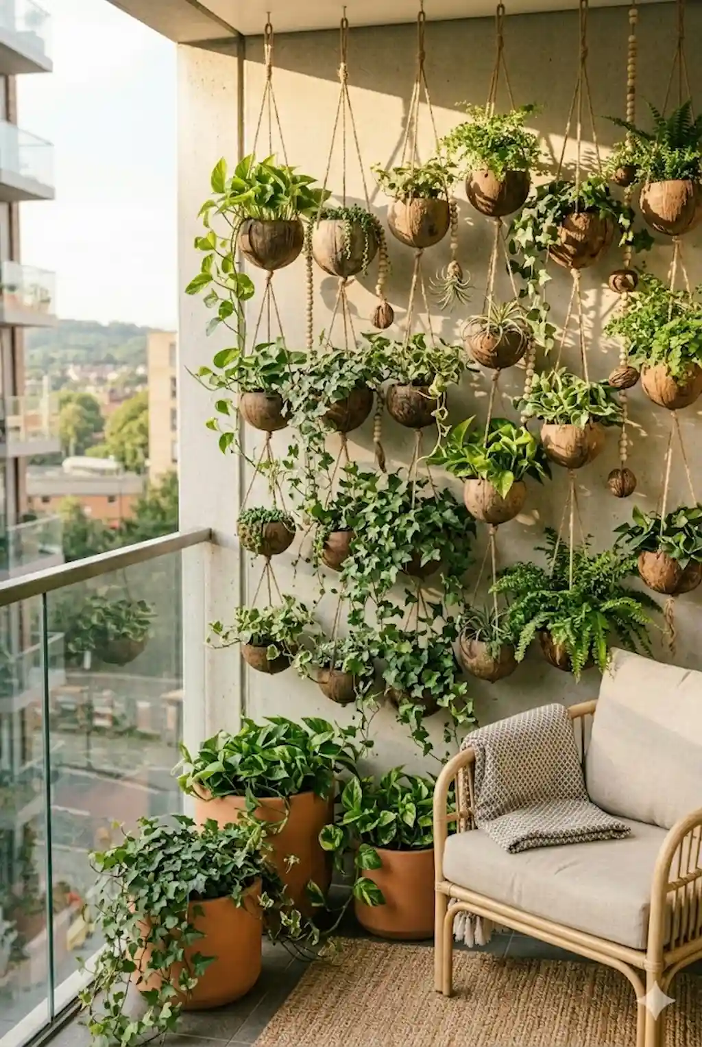 Tropical coconut shell hanging planters with lush greenery