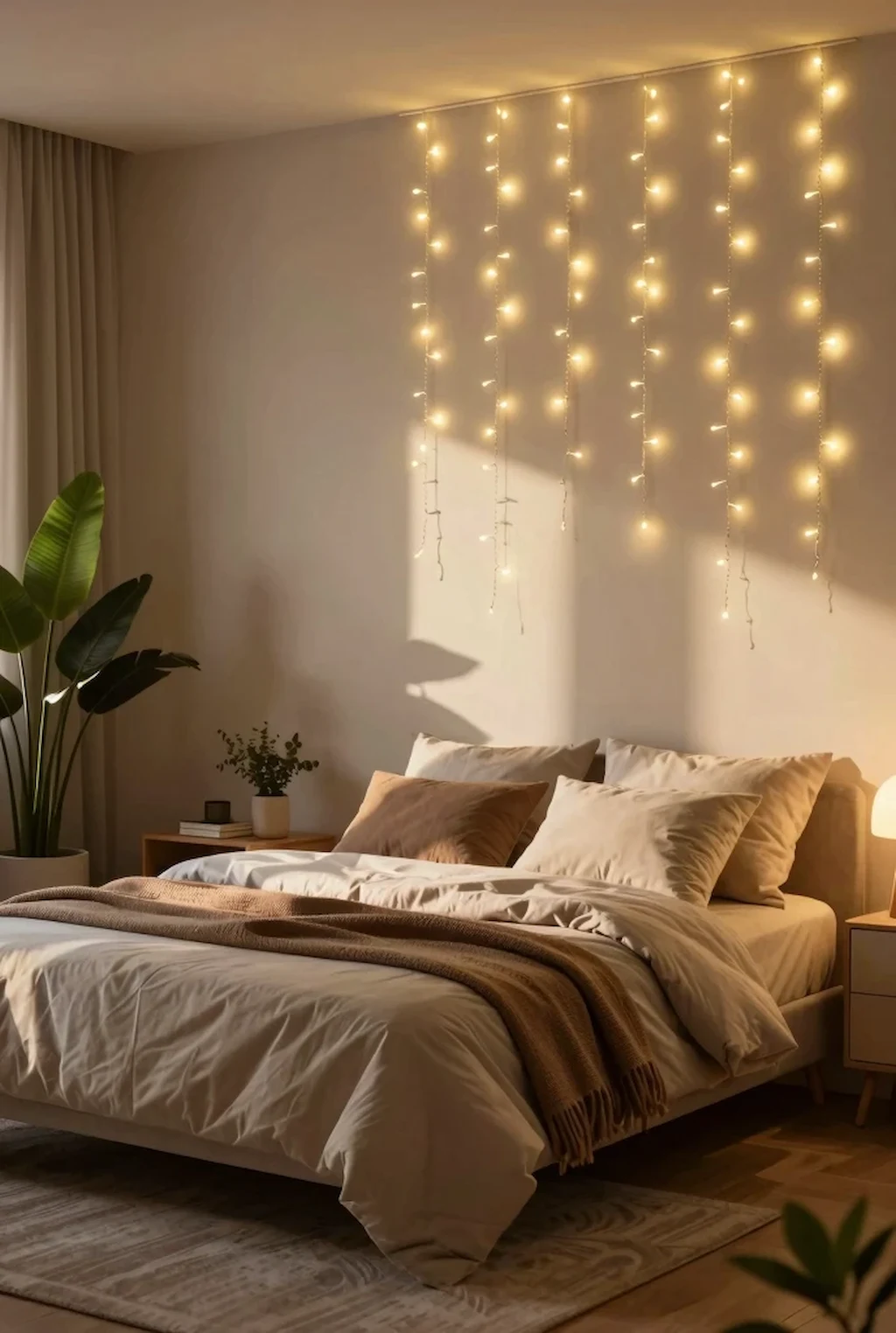 Cozy bedroom wall decorated with vertical fairy light strands