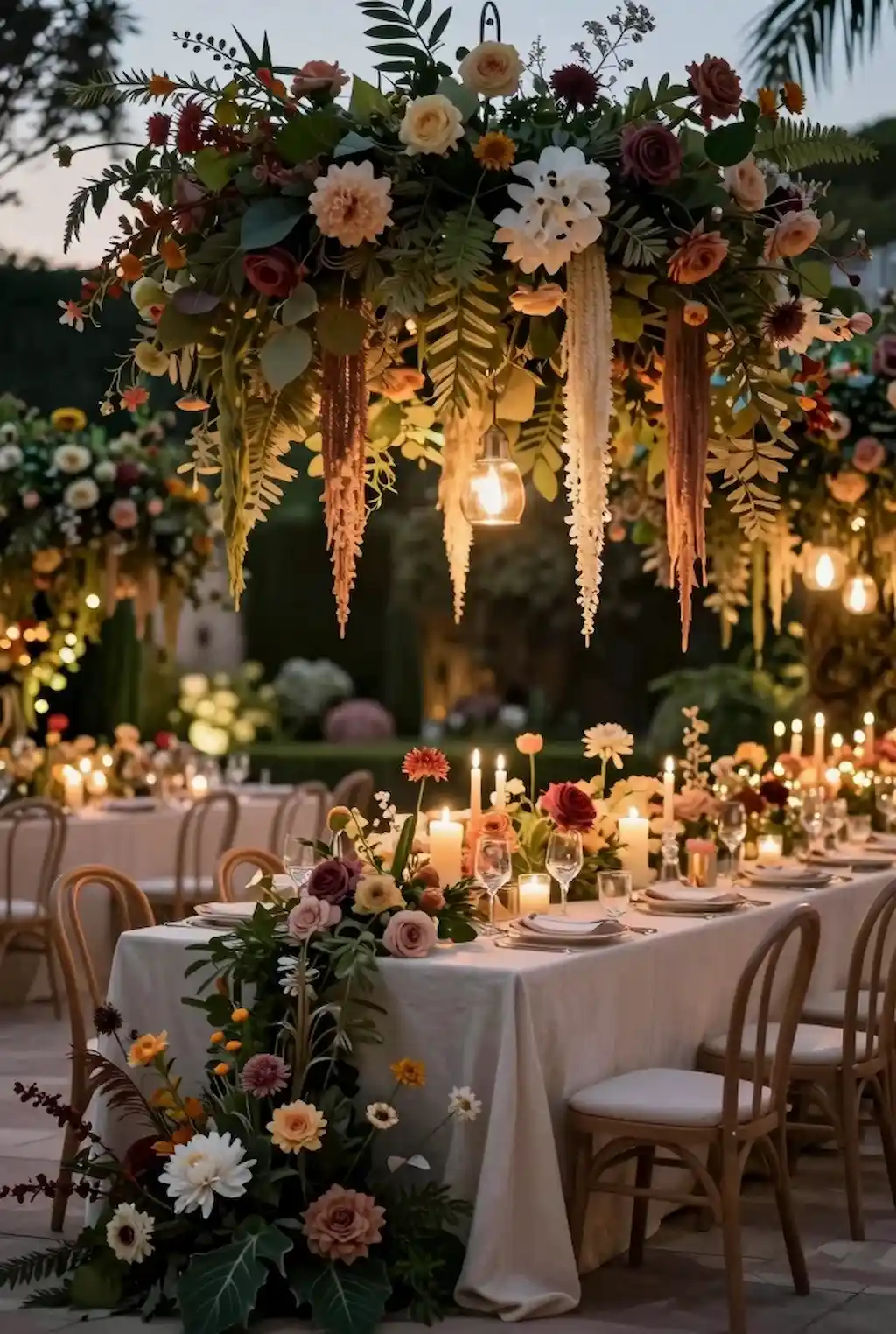 Outdoor dining table with hanging flowers and greenery overhead