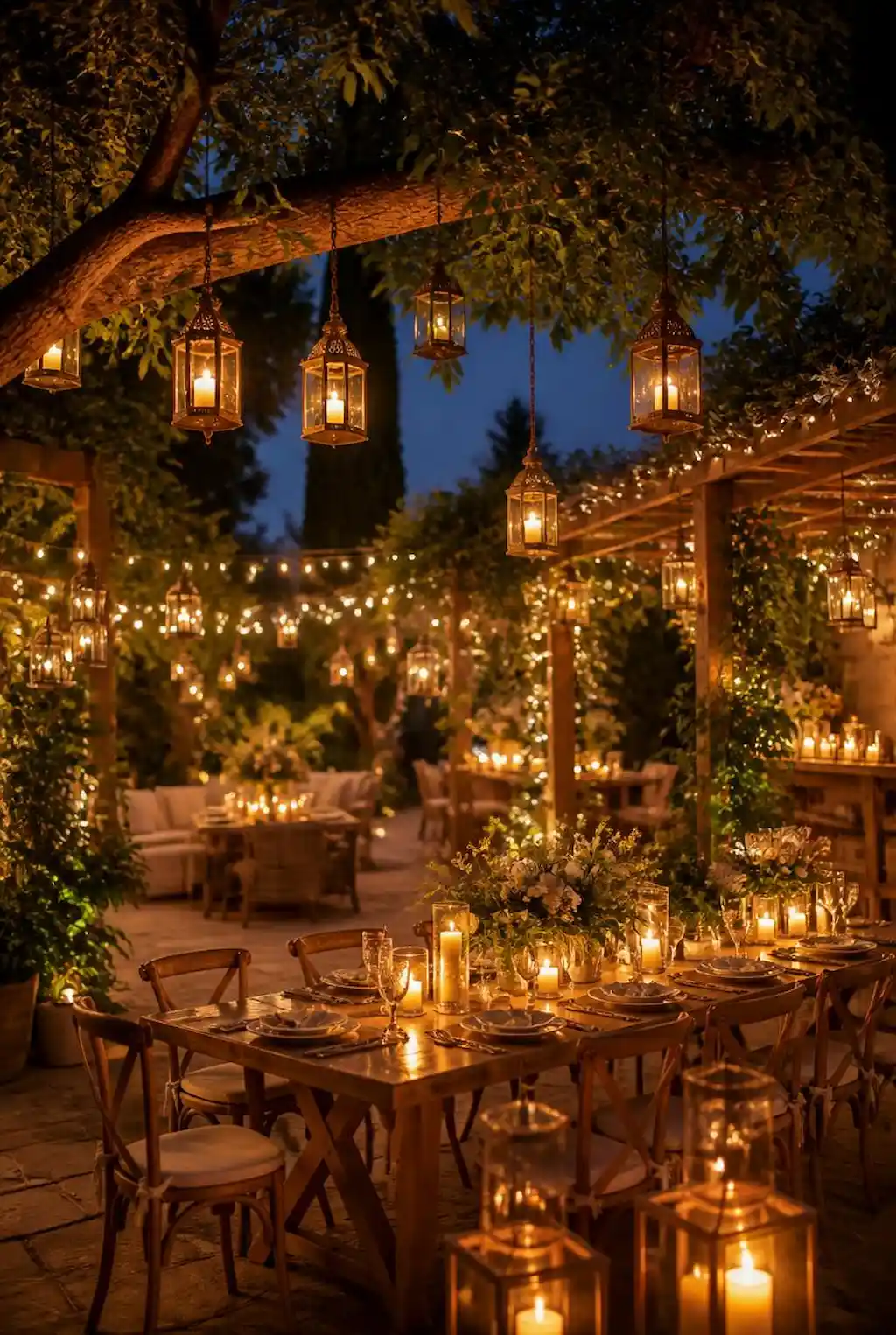 Garden party with hanging lanterns glowing in trees at night