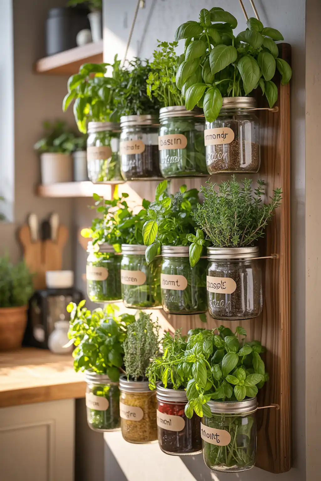 DIY mason jar herb garden mounted on a kitchen wall