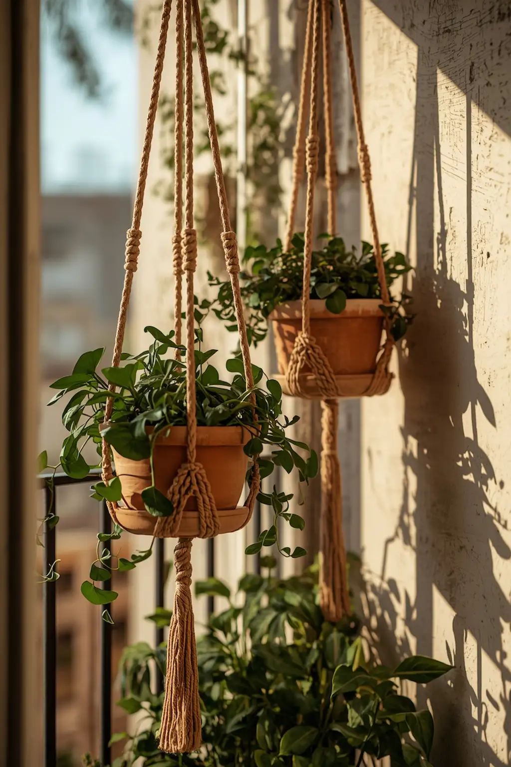 Macrame rope plant hangers with ceramic pots and trailing plants