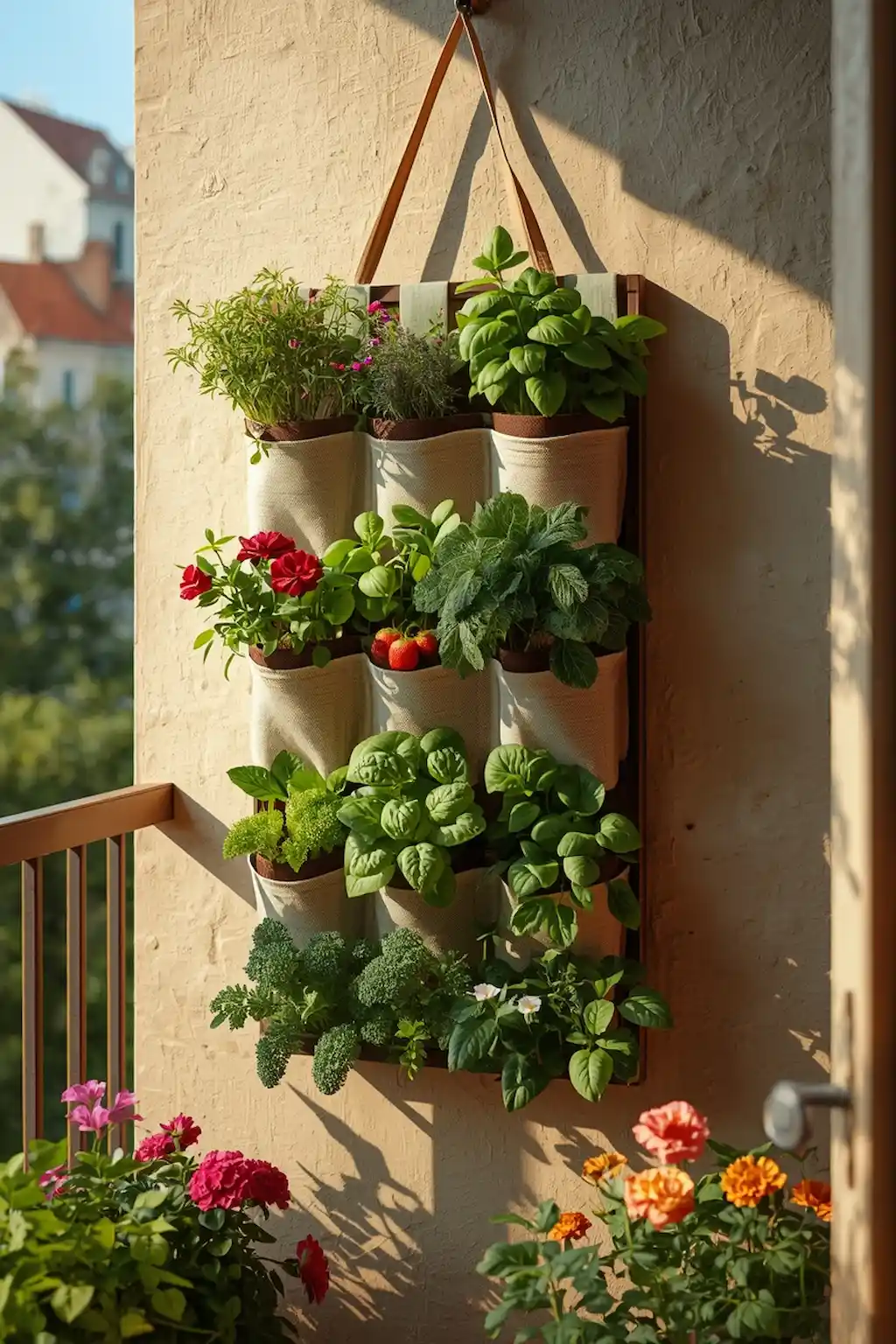 Creative shoe organizer wall garden with herbs and flowers