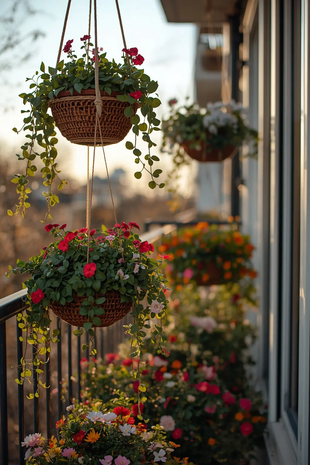 Hanging spring flower planters on cozy balcony with greenery Prompt: